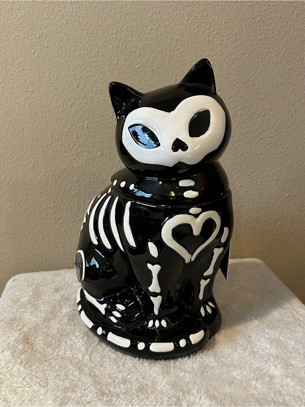 Black & White Skeleton Cat Ceramic Figurine